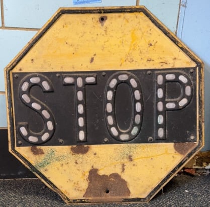 VINT. YELLOW METAL STOP SIGN W/ REFLECTIVE LETTERS (1 of 3)