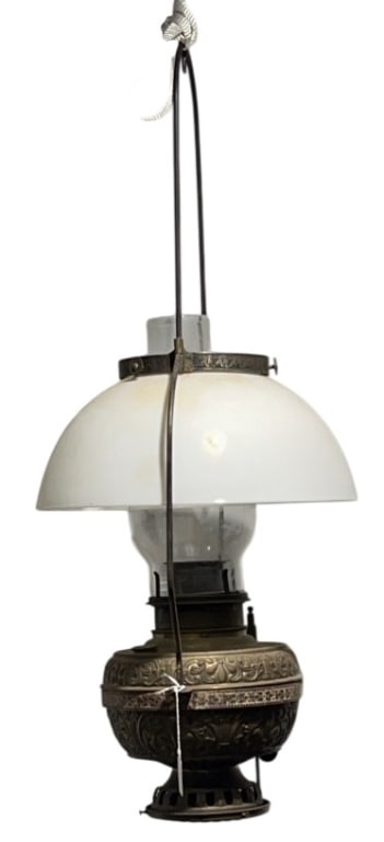 ANTIQUE HANGING OIL LAMP: 34" X 16"