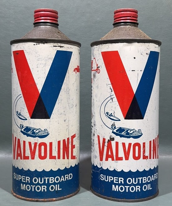 2 VINT. VALVOLINE SUPER OUTBOARD MOTOR OIL CANS (1 of 2)
