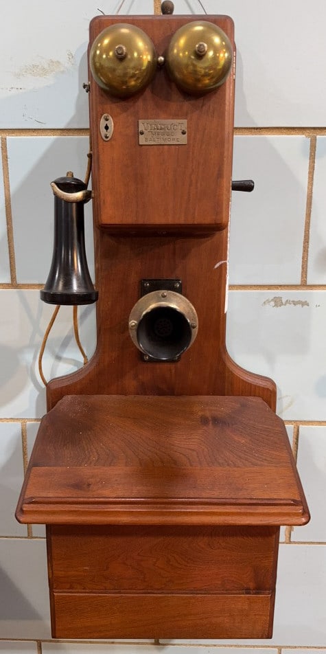 ANTIQUE WALNUT VIADUCT BALTIMORE WALL PHONE: 30-1/2" X 13-1/4" X 8" DEEP