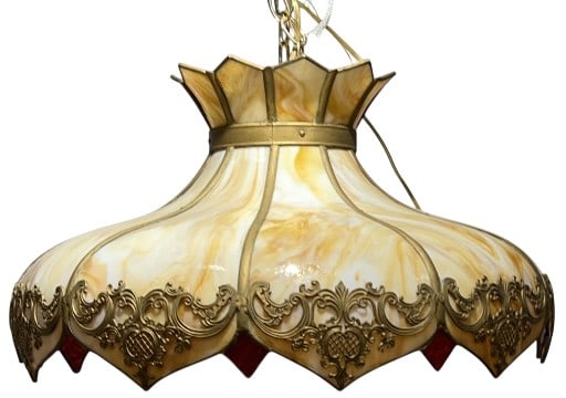 ANTIQUE SLAG GLASS HANGING LAMP: 14" X 24"