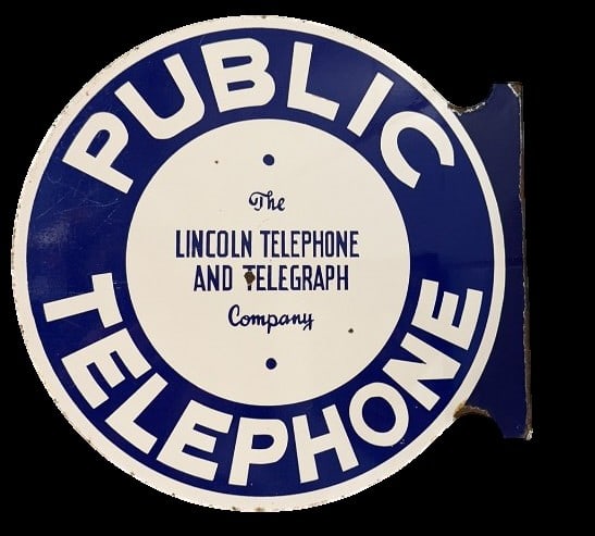 LINCOLN TELEPHONE & TELEGRAPH CO. FLANGED SIGN: PORCELAIN FLANGED DOUBLE SIDES SIGN 17" X 16"