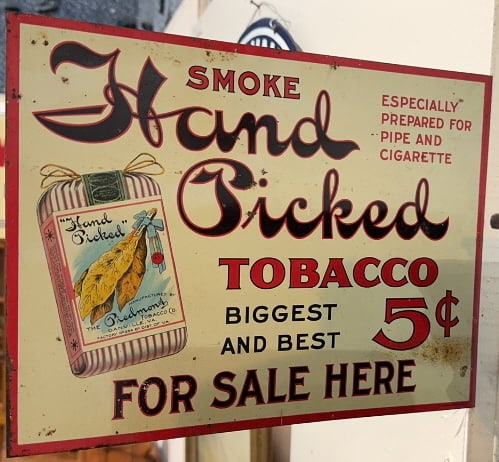 PEIDMONT DOUBLE SIDED FLANGED TOBACCO METAL SIGN: HAND PICKED" 12-3/4" X 9-1/2