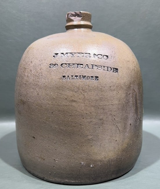 J. MYER & CO. BALTIMORE MD SHIP HANDLER JUG: STONEWARE ADVERTISING JUG 8" WIDE X 8-1/2" TALL