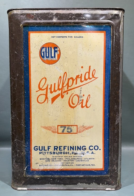 GULF REFINING CO. "GULF PRIDE OIL" ADVERTISING CAN (1 of 3)