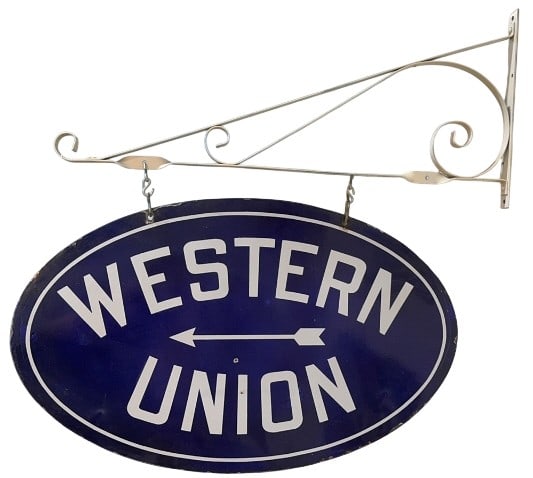 WESTERN UNION DOUBLE SIDED PORCELAIN SIGN: 34" X 21" JUST SIGN WITH HANGING BRACKET 37" X 36"