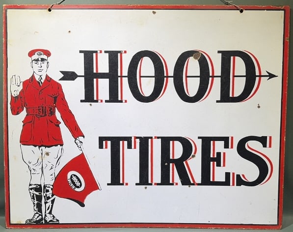 VINTAGE HOOD TIRES DOUBLE SIDED PORCELAIN SIGN: 27-1/2" X 25"