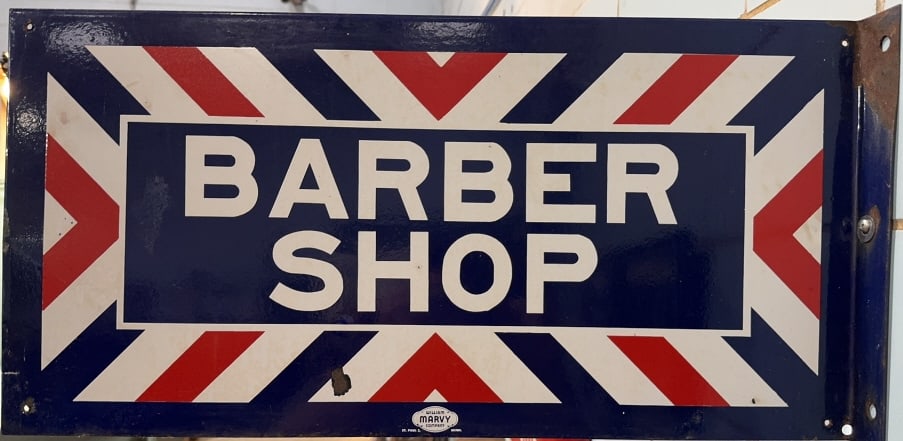 VINTAGE WILLIAM MARVY CO. PORCELAIN BARBER SIGN: 24" X 12"