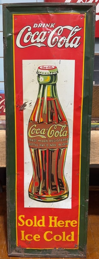COCA-COLA METAL CHRISTMAS BOTTLE ADVERTISING SIGN: PLYWOOD ADDED FOR SUPPORT - 54" X 18"