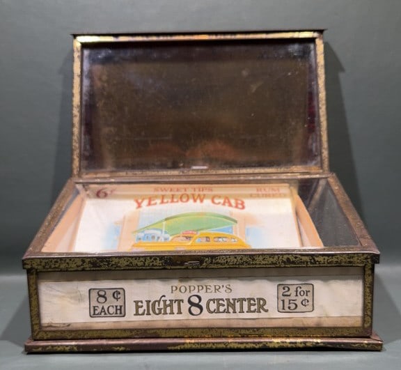 VINTAGE POPPER YELLOW CAB CIGAR DISPLAY: 10-1/2" X 10-1/2" X 7-1/2"