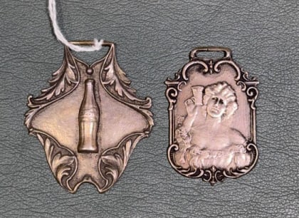 2 STERLING COCA-COLA ADVERTISING FOBS: LARGER ONE 2" X 1-1/2"