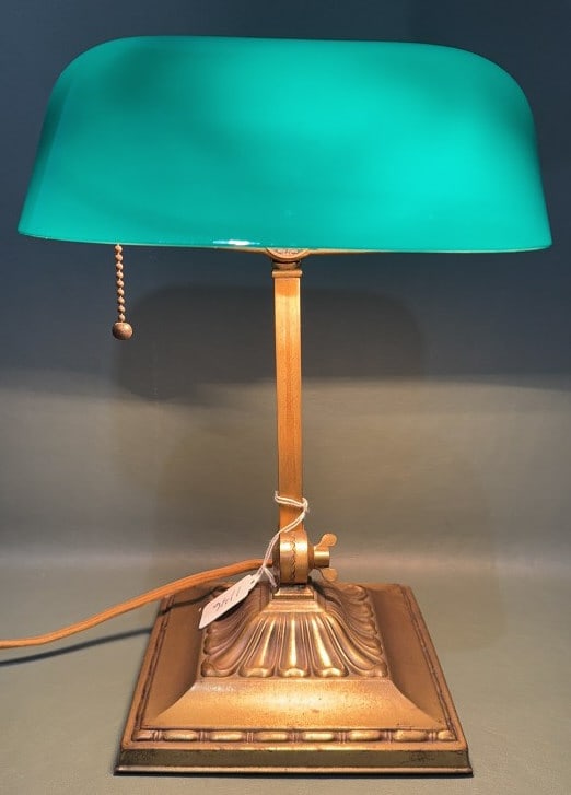 VINTAGE EMERALITE LAMP WITH BRASS BASE: 9" X 8-1/2" X 17"