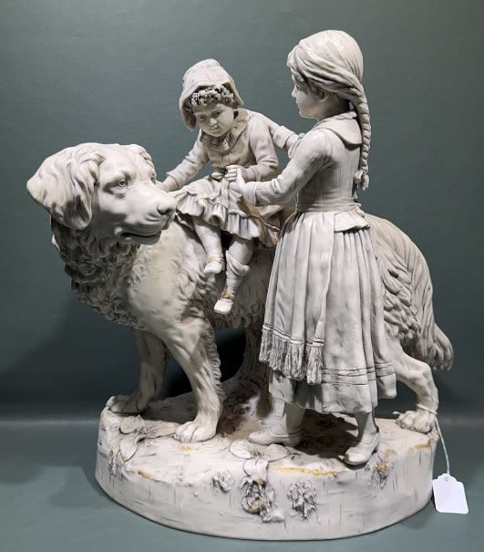 LARGE ROYAL DUX FIGURE GROUP OF DOG & 2 KIDS (1 of 6)