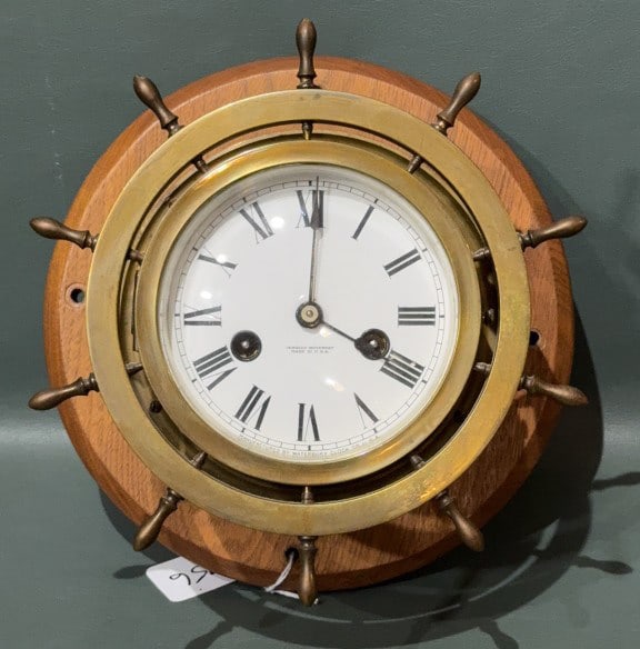 WATERBURY SHIPS CLOCK W/ JEWELED MOVEMENT: PRESENTED TO MRS. L.M. STEVENSON BY WARDWOOD ROOM OFFICE OF THE U.S.S. KITTERY WOODEN PLAQUE 8-1/2"
