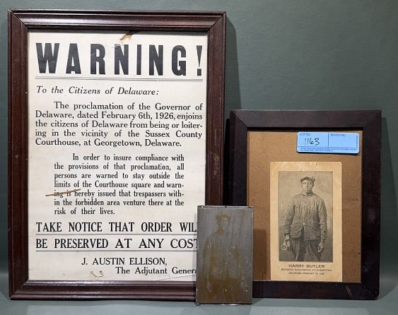 GEORGETOWN DEL. "HARRY BUTLER" HISTORIC COLLECTION: ORIGINAL NEWSPAPER CLIPPING & PRINT PLATE - WARNING POSTER FROM THE GOVERNOR - 16" x 12"