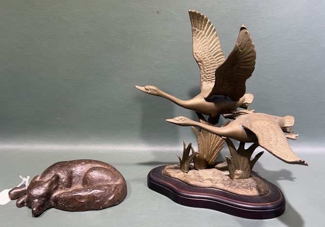 CAST IRON SLEEPING FOX DOOR STOP & DUCK SCULPTURE