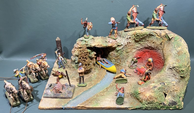 VINTAGE COWBOYS & INDIAN TOY SET: 12" X 18"