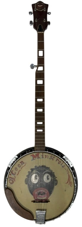VINTAGE CARVED & PAINTED BLACK AMERICANA BANJO: 39-1/2" X 14" X 5"
