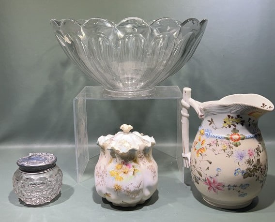 PAINTED PORCELAIN & DRESSER BOX LOT & HEISEY BOWL (1 of 5)