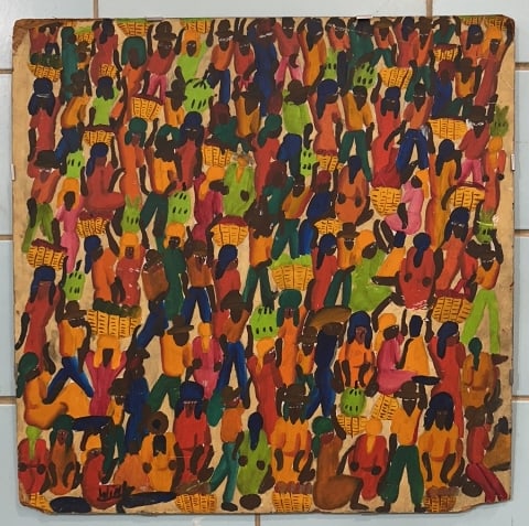 VINTAGE SIGNED HAITIAN GATHERING PAINTING (1 of 3)