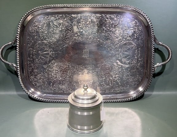 SILVERPLATE TRAY & TOBACCO JAR W/ PENNIES (1 of 7)