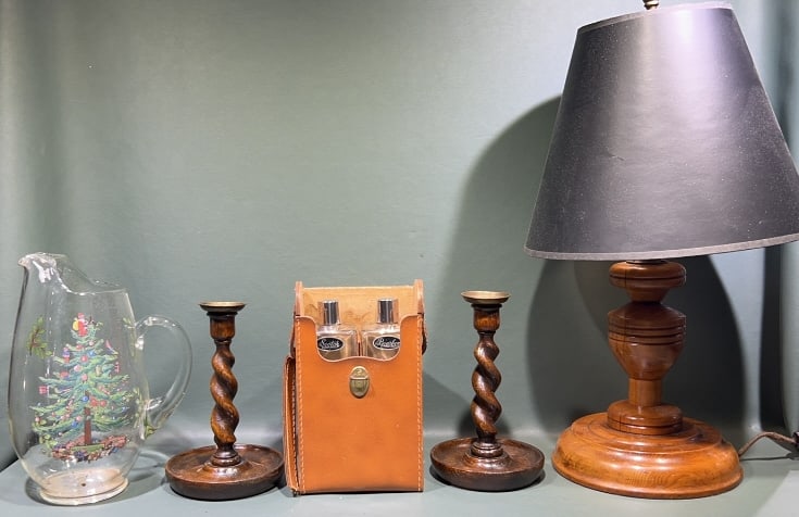 WOODEN LAMP, FLASKS W/ CARRIER, CANDLESTICKS LOT