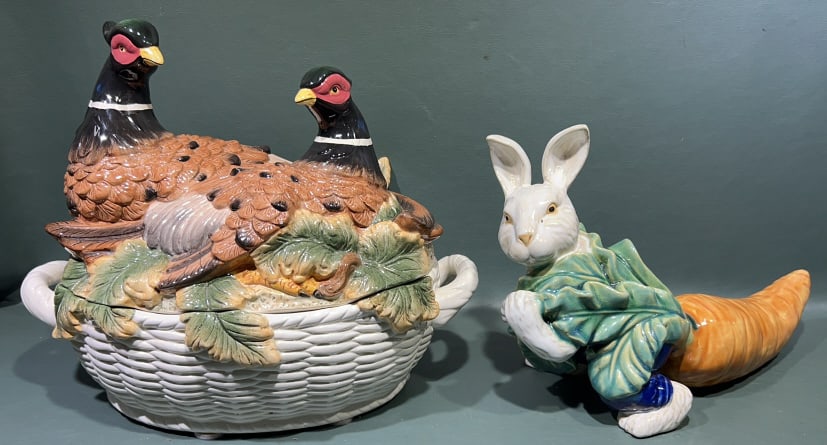 LARGE PHEASANT TUREEN & RABBIT & POTTERY BOWL: 14" X 12"