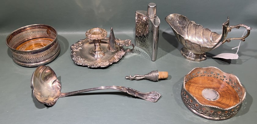 SILVERPLATE WINE CASTERS, CHAMBERSTICK, ETC.: 6" X 4"
