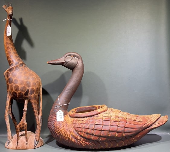 CERAMIC GOOSE PLANTER & CARVED WOODEN GIRAFFE: 22" X 16" X 9"
