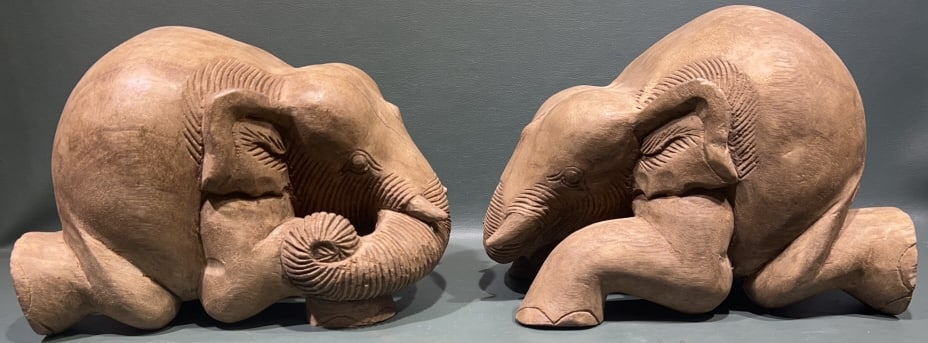 PR OF CARVED WOODEN ELEPHANT STOOLS / DOORSTOPS: 10" X 7"