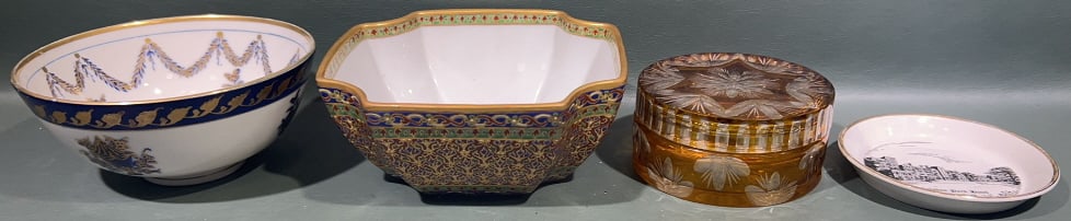 HANDPAINTED PORCELAIN & CUT TO CLEAR DRESSER BOX: 6-1/2" X 3"
