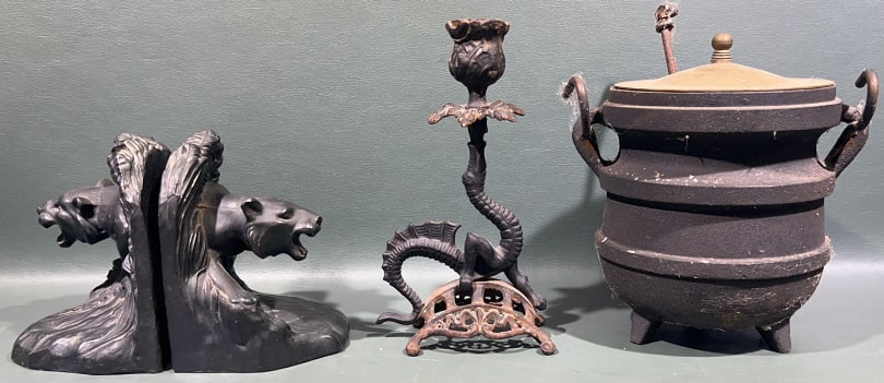 CAT BOOKENDS, DRAGON CANDLESTICK, FIRE STARTER