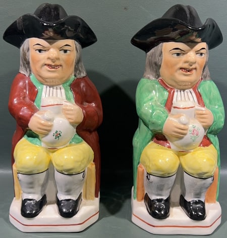 PR. OF OLD STAFFORSHIRE WARE TOBY MUGS: 1 REPAIRED 9" X 5"