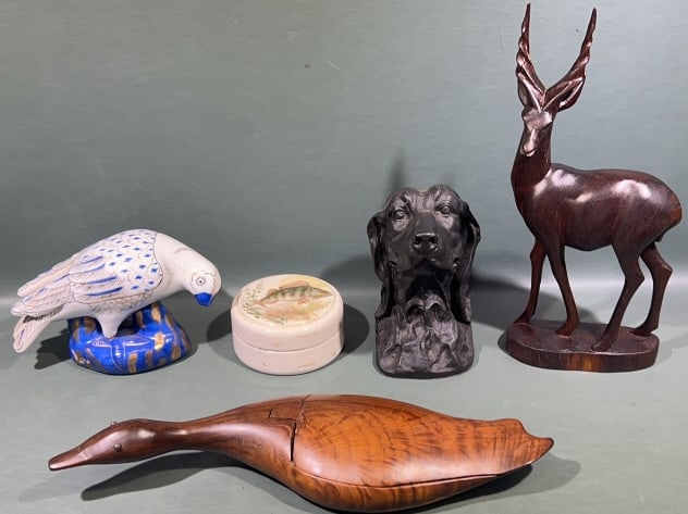 WOODEN DUCK BOX, CARVED BELL, DOG DOORSTOP LOT: 13" X 6"