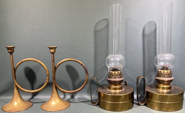 PR OF BRASS OIL LAMPS & PR OF HORNED CANDLESTICKS: 15" X 7"