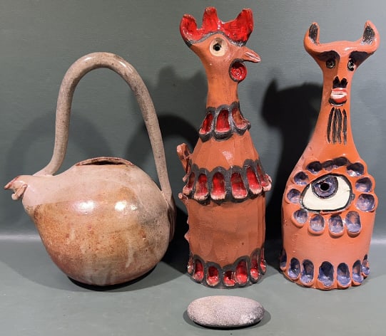 2 WHIMSICAL TERRA COTTA FIGURES & TEA POT