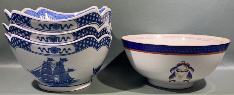 3 CONTEMPORARY BLUE & WHITE CUT CORNER BOWLS: 9" X 4-1/2"