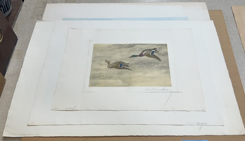 4 LEON DANCHIN BIRD THEMED ETCHINGS: 31" X 29"