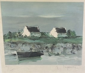 GEORGE LAPORTE SIGNED LITHOGRAPH OF SHORE LINE: 18" X 17"