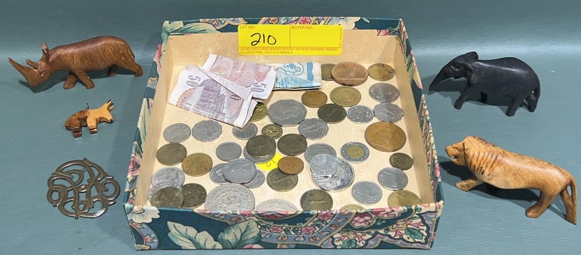 COLLECTION OF FOREIGN MONEY & CARVED ANIMALS: ~