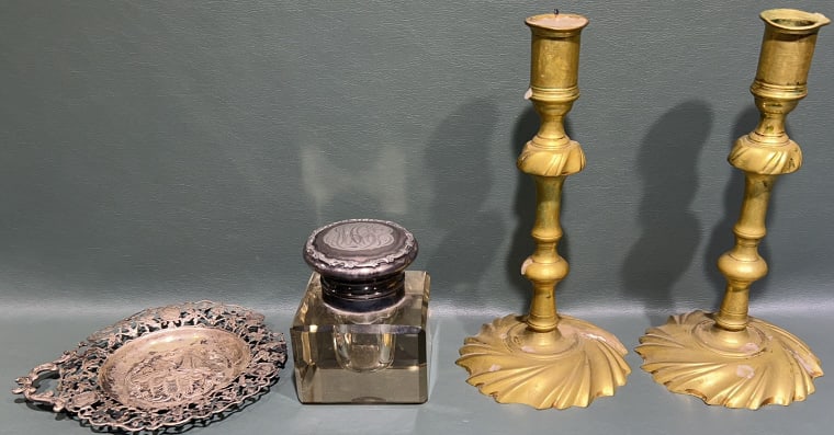 PAIR OF VA METAL CRAFTERS CANDLESTICKS, INK WELL & (1 of 3)