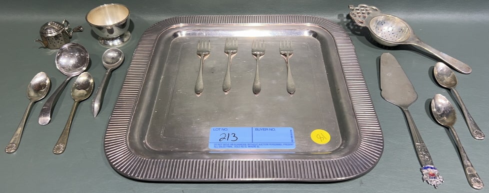 SILVER PLATE TRAY & UTENSIL LOT: 10-3/4" SQUARE