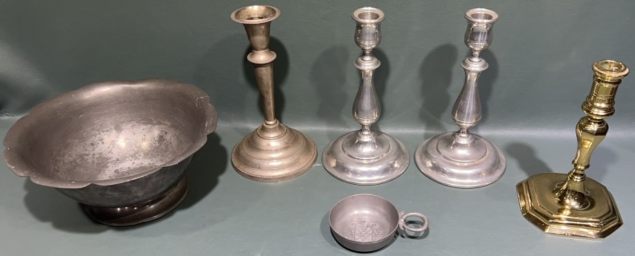 VA METAL CRAFTERS CANDLESTICK & PEWTER LOT: BOWK 8-1/2" X 4"