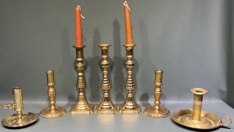 COLLECTION OF VARIOUS BRASS CANDLESTICKS: 9"