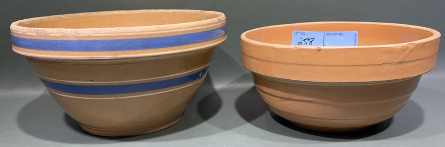 2 STONEWARE MIXING BOWL; 1 WITH ADVERTISEMENT: 9-1/2" X 5"
