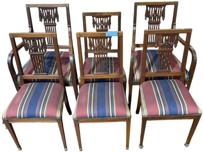 SET OF SIX MAHOGANY HEPPLEWHITE DINING CHAIRS: 37" X 21" X 19"
