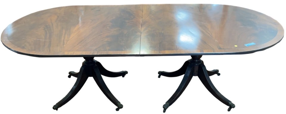 BANDED MAHOGANY 2 PIECE BANQUET TABLE W/ 1 LEAF: LEAF IS 22" 96" X 45" X 29"