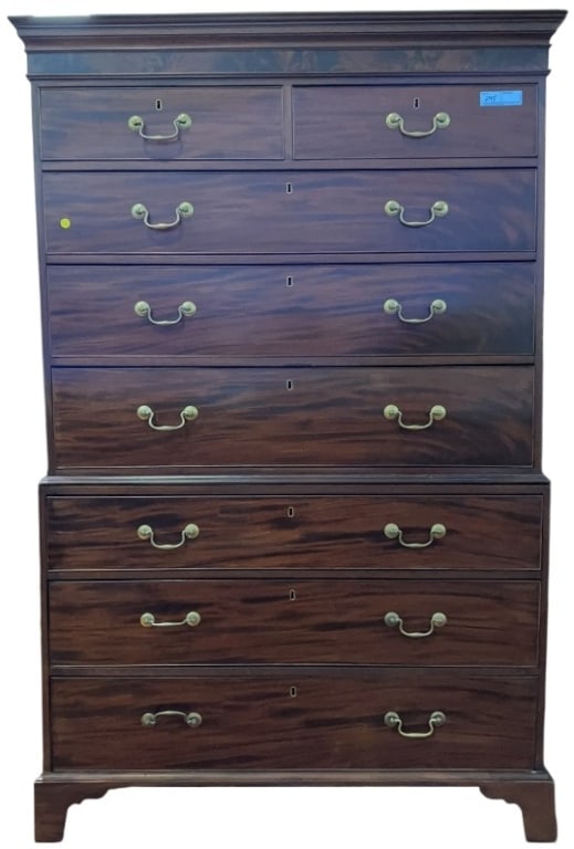 ANTIQUE ENGLISH MAHOGANY CHEST ON CHEST: 46" X 22" X 70"