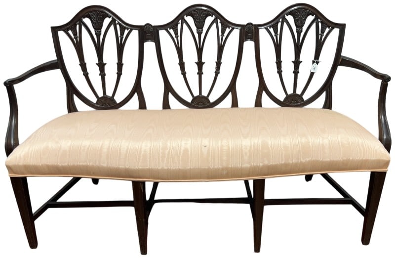 MAHOGANY CENTENNIAL HEPPLEWHITE SETTEE: 39" X 64" X 23"
