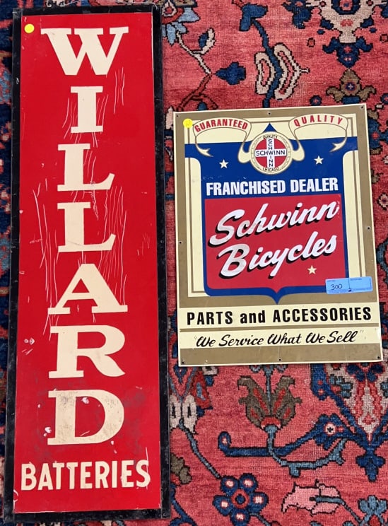 WILLARD BATTERIES & SCHWINN SIGNS: 40" X 12"